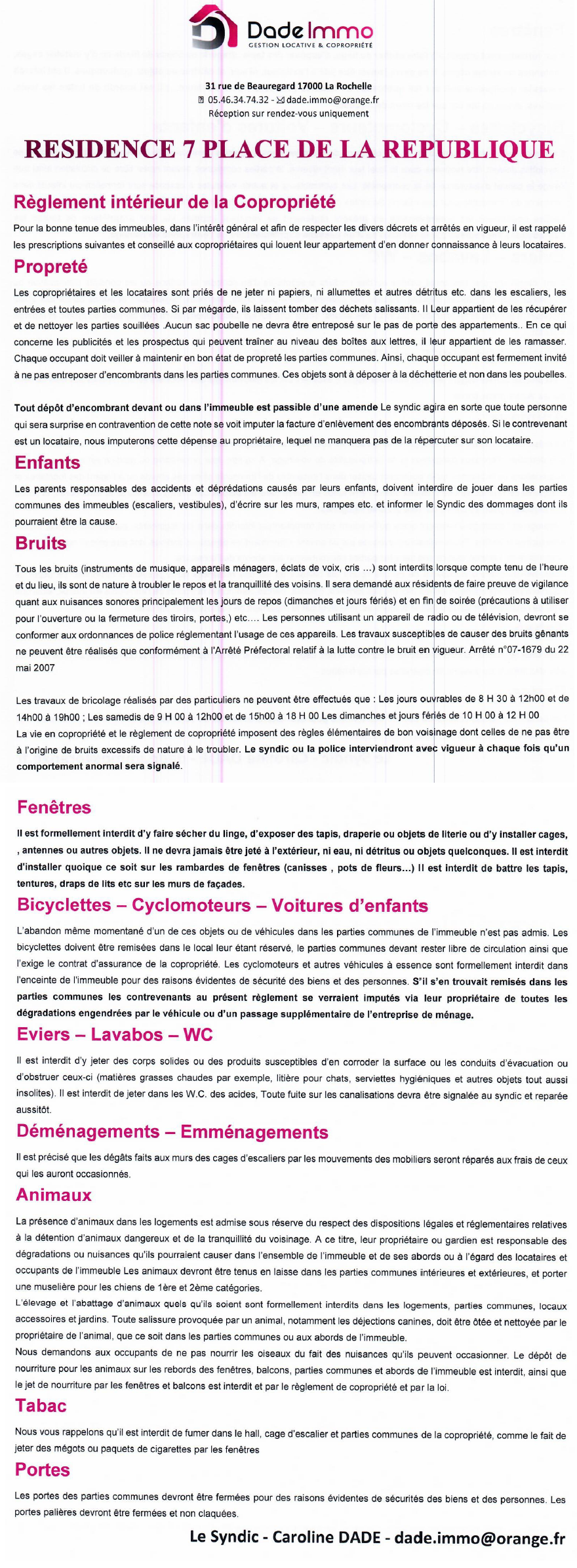 Syndic DADE - Règlement Intérieur 21-08-2020